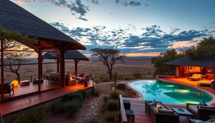 A stunning luxury safari lodge set against an expansive African savanna