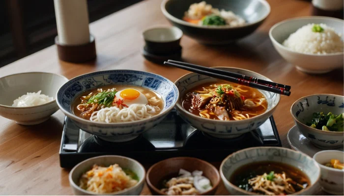 A traditional Korean meal setup with chopsticks and spoon placed neatly next to dishes