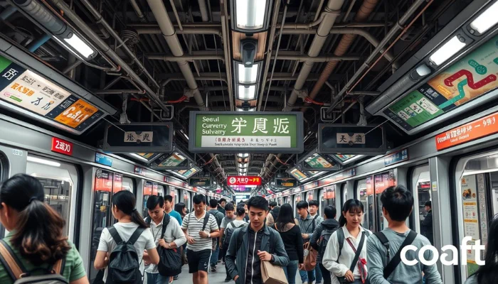 A vibrant and bustling underground scene of the Seoul subway