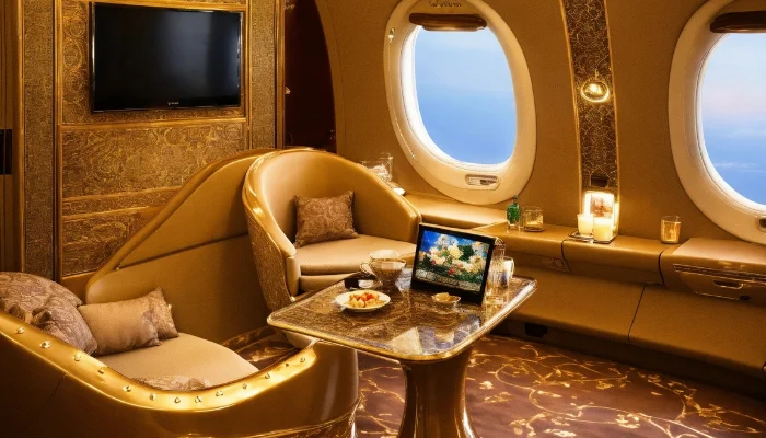 Arabic coffe baroque Saudi nouveau riche style airplane interior fuselage diwaniya huge tv