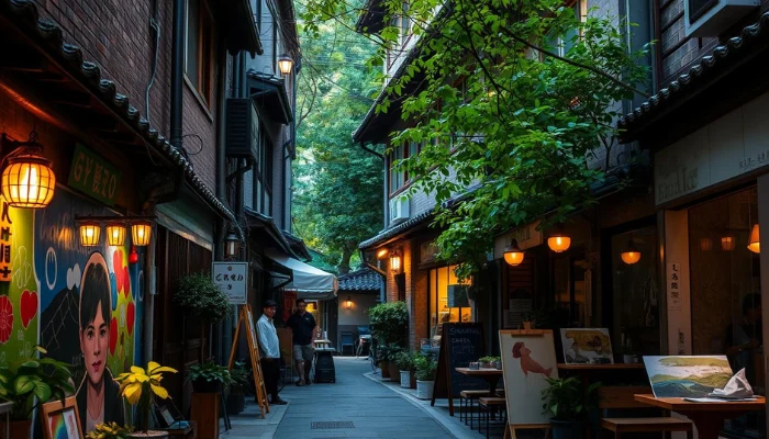 Charming alleyway in a hidden Seoul neighborhood lined with traditional hanok houses vibrant murals and cozy cafes