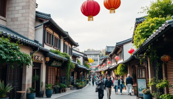 Charming streets of Ikseon dong showcasing traditional Hanok houses with modern cafes and boutiques nestled among them vibrant greenery and colorful lanterns hanging above