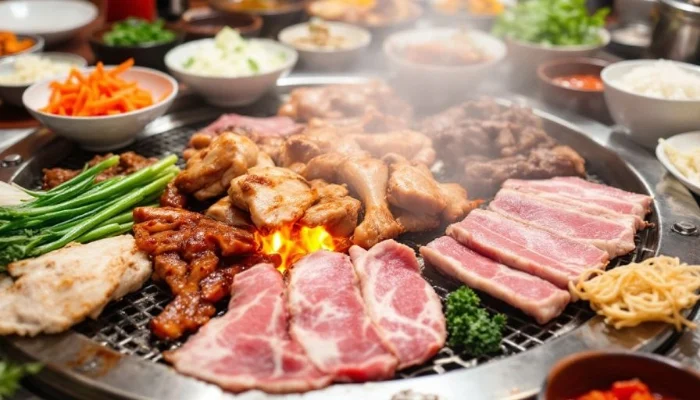 Colorful Korean BBQ feast with grilled meats and sides