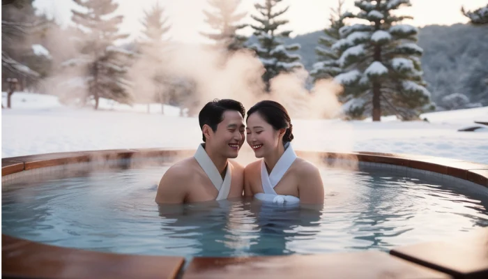 Couple Relaxing in a Hot Spring Jjimjilbang