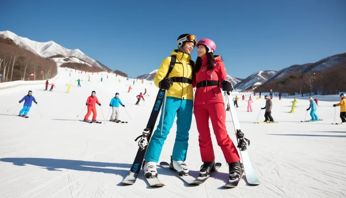 Couple at a Ski Resort with Snowy Mountains