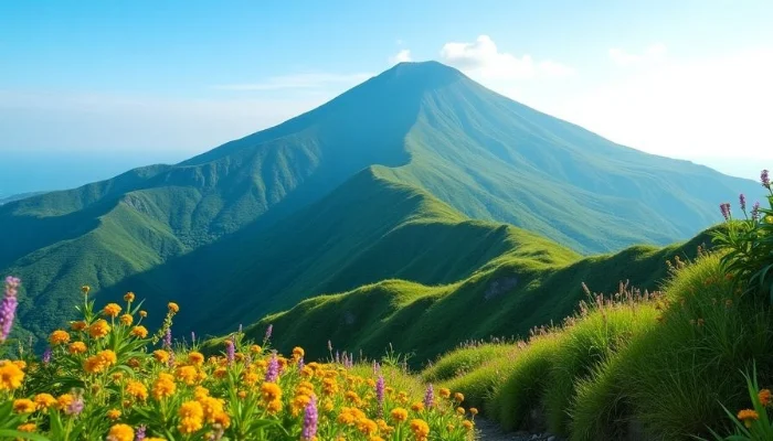 Halla Mountain with lush greenery and dear blue sky