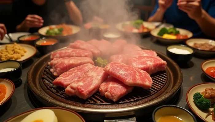 Korean BBQ grill with meats and colorful side dishes