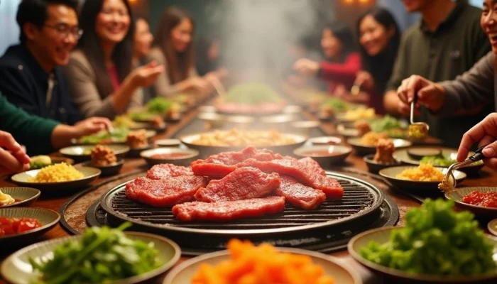 Korean BBQ grill with meats and side dishes at table