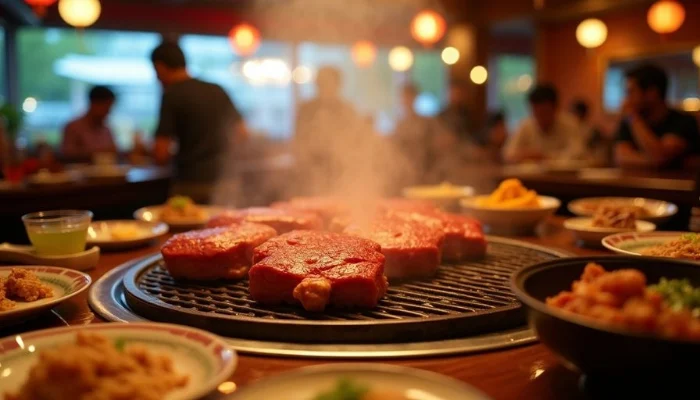 Korean BBQ with sizzling meats and colorful side dishes