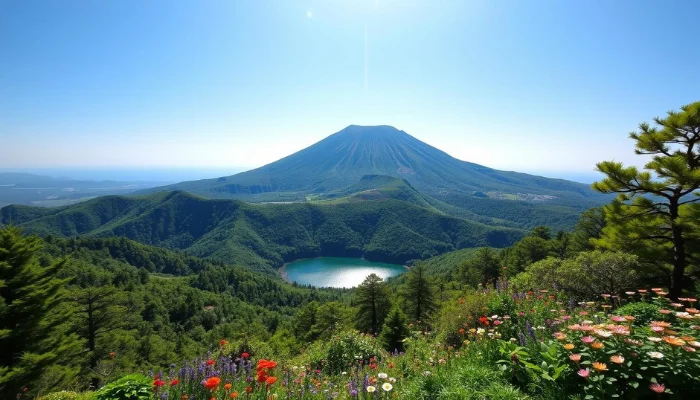 Majestic Hallasan Mountain rising above lush green forests