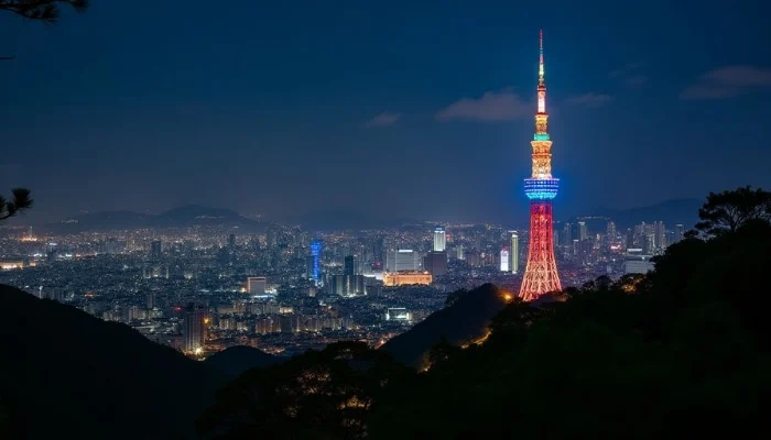 N Seoul Tower at night with city lights around