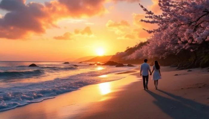 Sunset at Jeju Island with couples on the beach