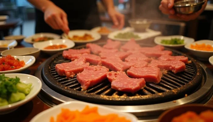 Table filled with Korean BBQ meats and side dishes