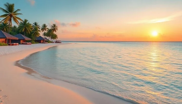 Tropical beach in Maldives with luxury villas and sunset