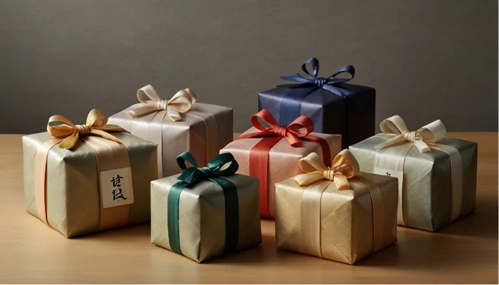 Wrapped gift boxes with traditional Korean wrapping bojagi showing attention to detail in presentation