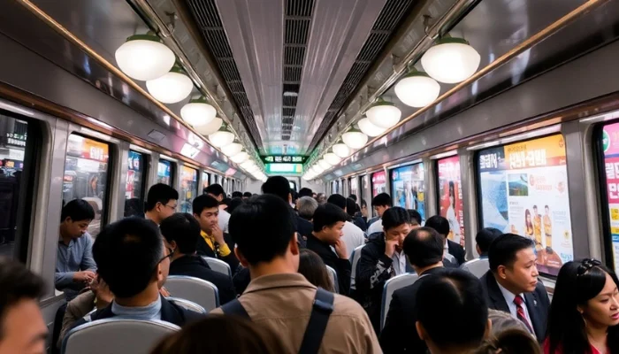 crowded seoul subway during late night commute with commuters