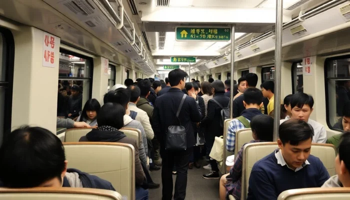 crowded seoul subway train with commuters during ruch hour