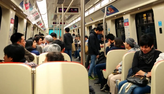 crowded seoul subway train with passengers and modern design