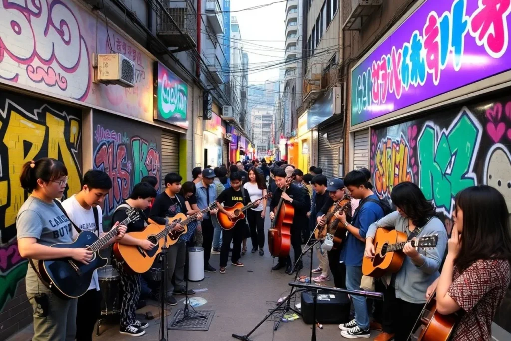 lively musicians performing on a colorful street in hongdae