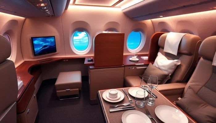 luxurious first class airplane cabin with plush reclining seats