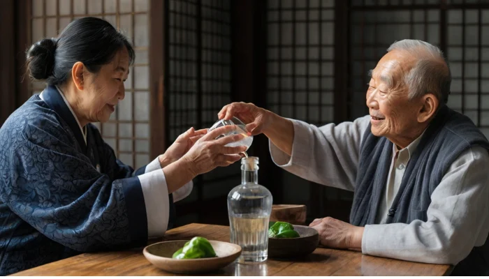 people sharing soju with someone using both hands to pour or receive a drink from an elder