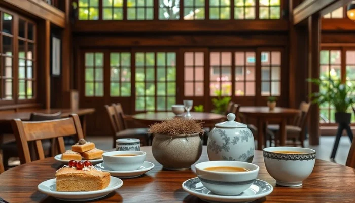 traditional korean cafe setup with tea and pastries