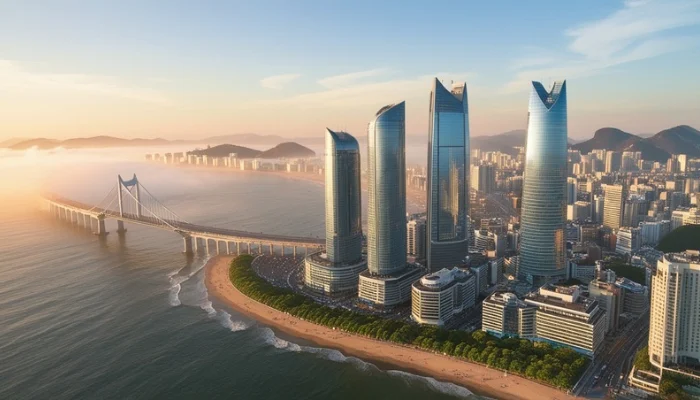 Aerial view of Busans coastline and skyscrapers