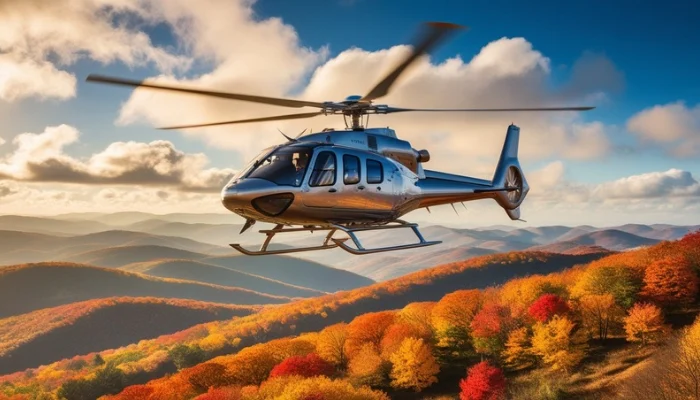 Helicopter flying above autumn foliage