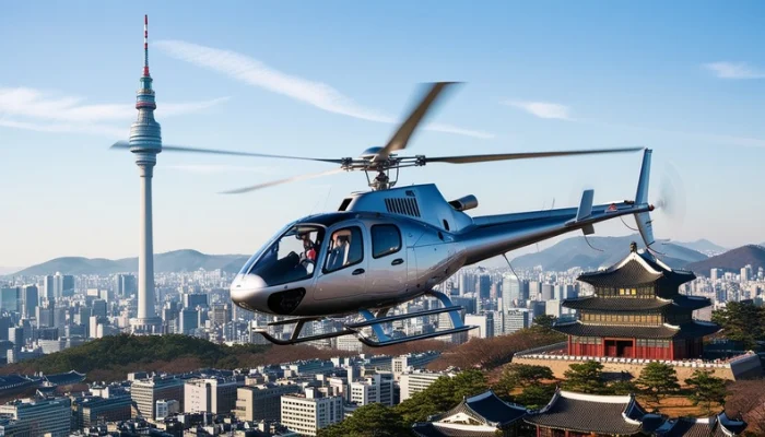 Helicopter flying over Seoul