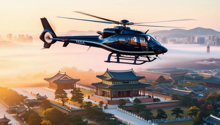 Helicopter flying over historic landmarks