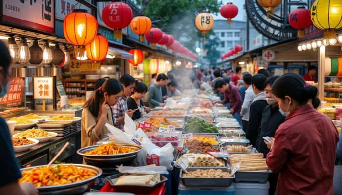 Korean street food scene featuring a variety of colorful dishes