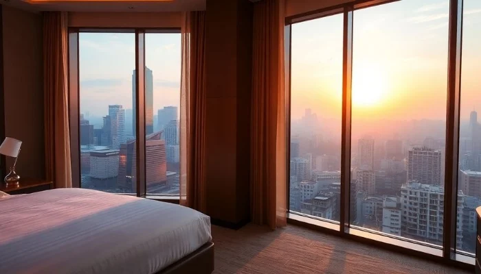 Luxury hotel room with a city skyline view