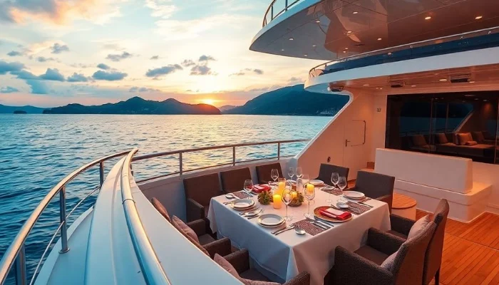 Luxury yacht dining on Jeju Island at sunset