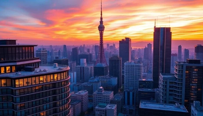 Seoul skyline with luxury hotels and Namsan Tower at sunset