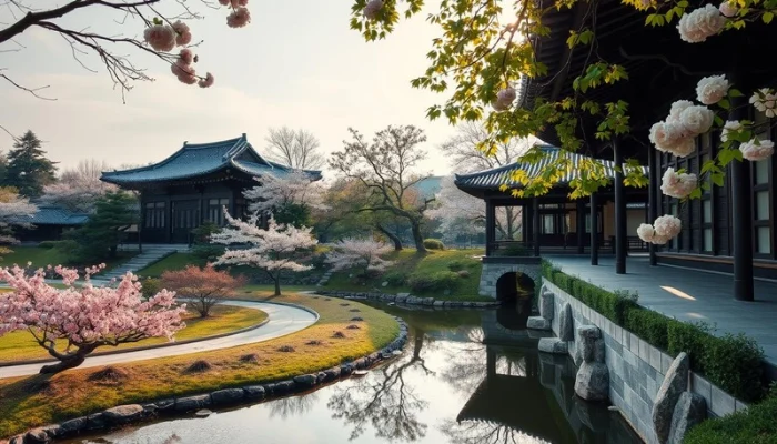 Serene garden in Seoul with traditional Korean architecture