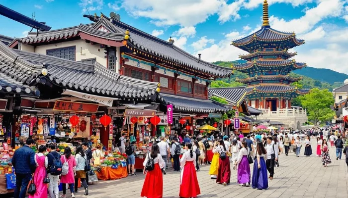 Tourists enjoying traditional South Korean cultural