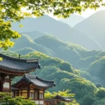 Traditional Korean temple surrounded by lush greenery and mountains