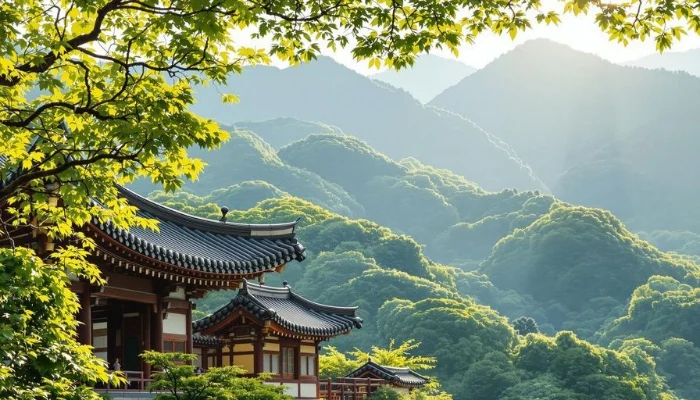 Traditional Korean temple surrounded by lush greenery and mountains