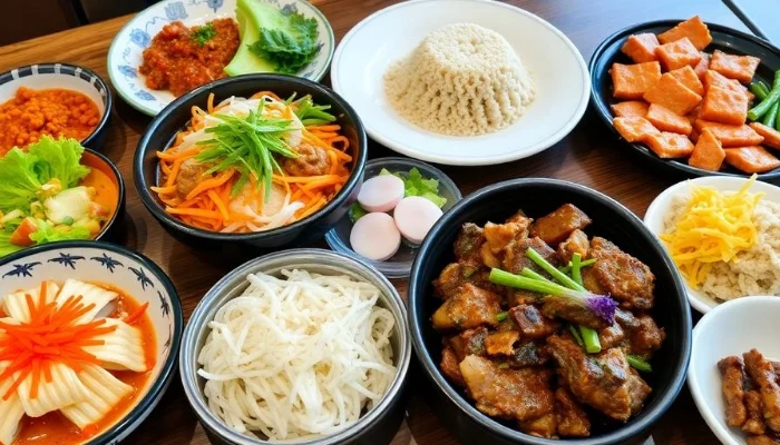 Traditional South Korean dishes beautifully arranged on a table