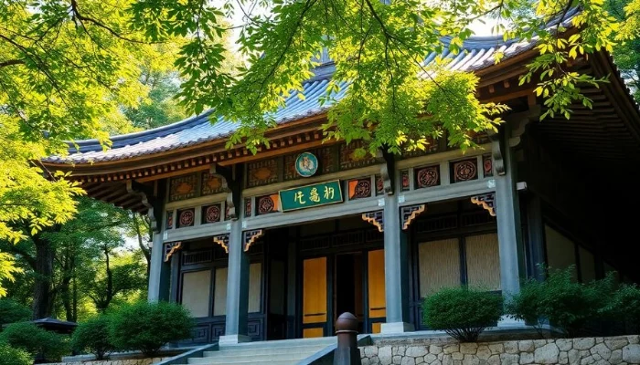 Traditional South Korean temple surrounded by greenery and sunlight