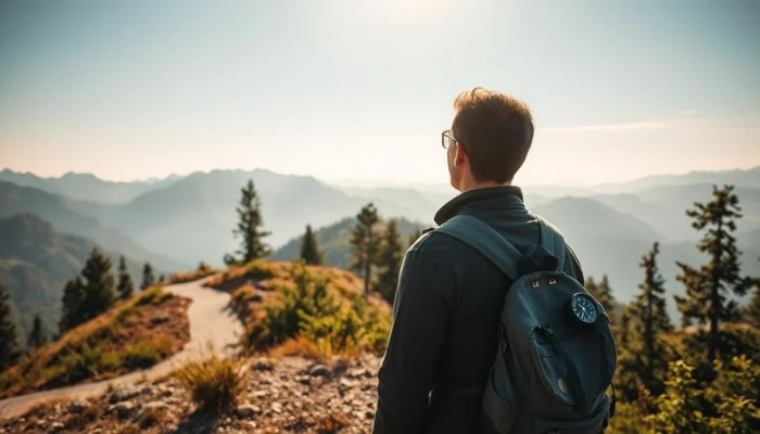 landscape featuring a solo traveler at a scenic viewpoint