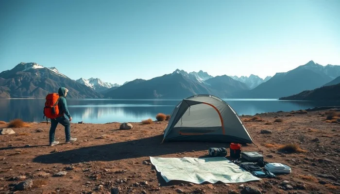 landscape showcasing a lone traveler in a vibrant backpack