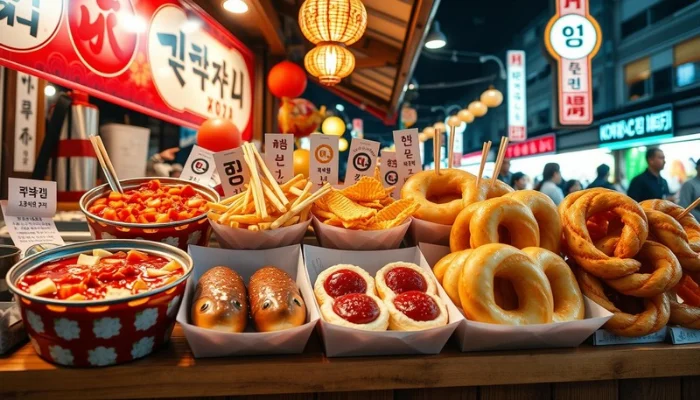 popular Korean street snacks displayed on a wooden stall