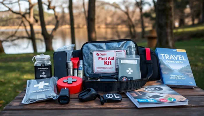 well organized travel emergency kit displayed on a wooden table