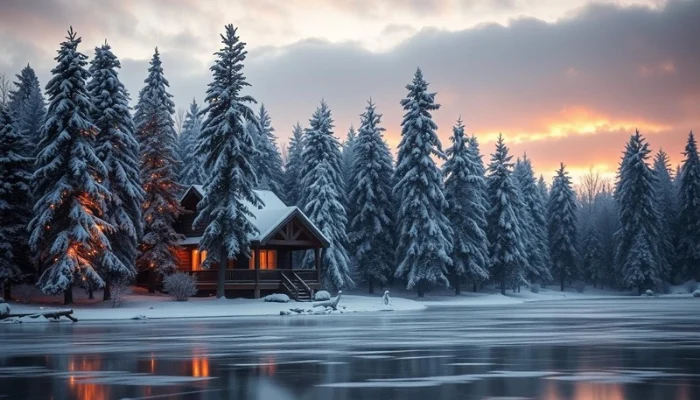 winter landscape showcasing a cozy cabin nestled among snow covered pine trees