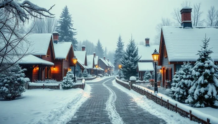 winter landscape with snow covered cottages in a quaint village