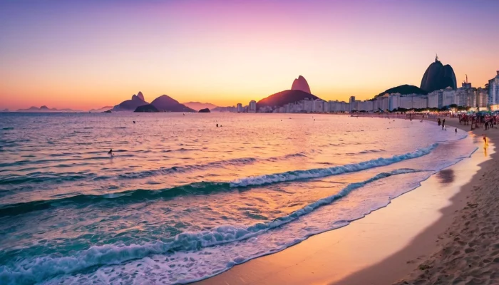 A beautiful sunrise over Copacabana Beach in Rio de Janeiro