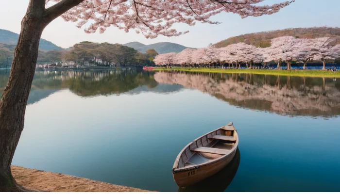 Bomun Lake with a small boat floating peacefully under the trees