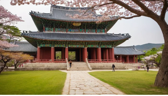 Bulguksa Temple framed by cherry blossoms with traditional architecture