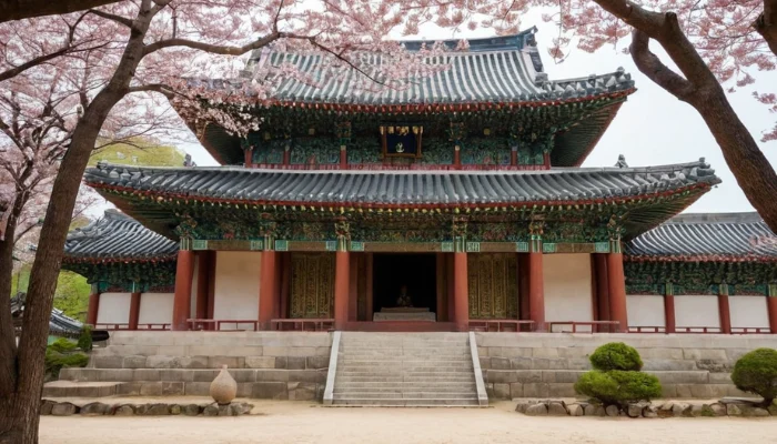 Bulguksa Temple framed by cherry blossoms